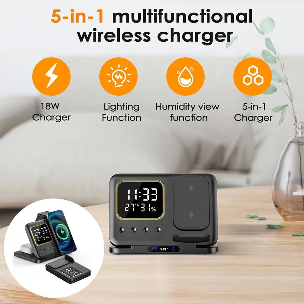 5-in-1 fast charging wireless phone stand ⚡ with led clock