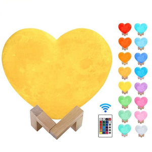 Heart 3D Printed Moon Night Light - 16 colors remote / 15CM