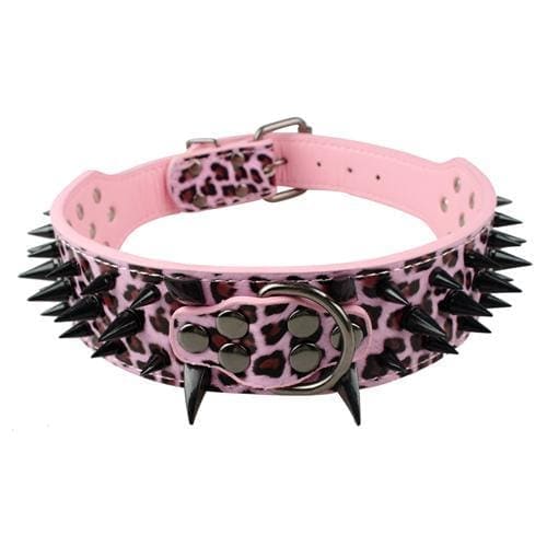 Spiked Studded Leather Dog Collar - Pink Black Spike / S