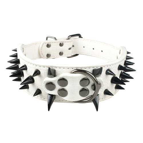 Spiked Studded Leather Dog Collar - White Black Spike / S