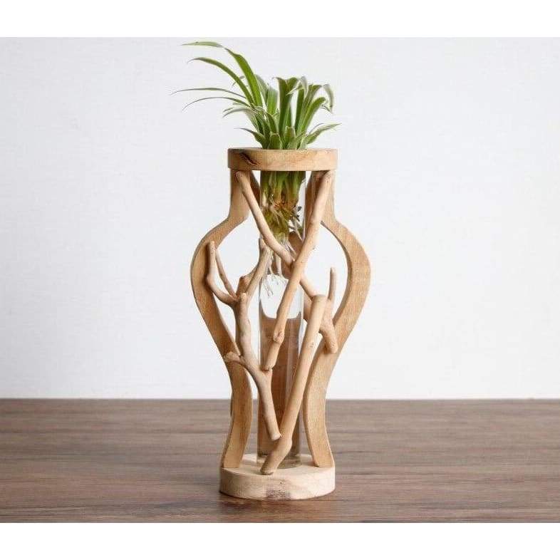 Wooden Vase with Glass Container - D - Home Decor