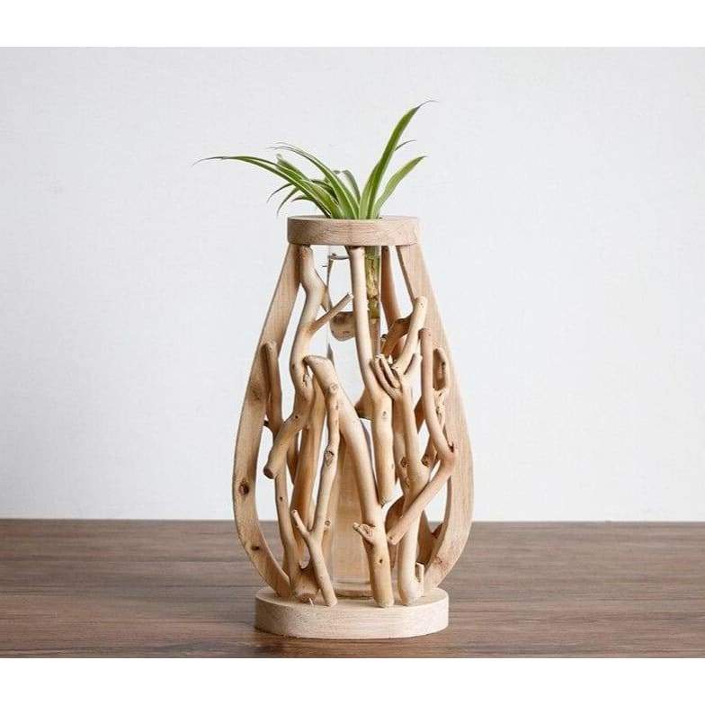 Wooden Vase with Glass Container - F - Home Decor