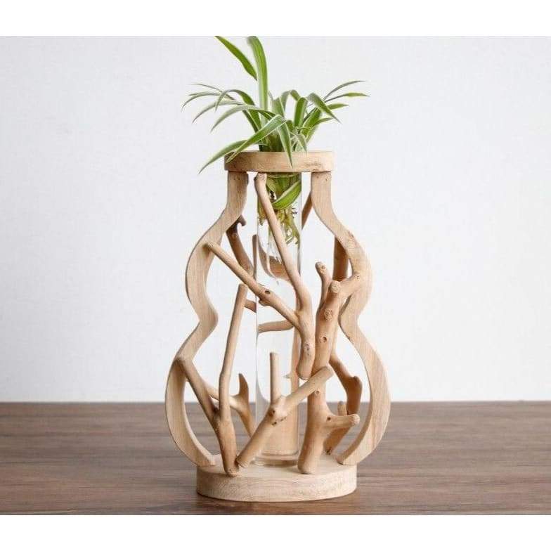 Wooden Vase with Glass Container - G - Home Decor