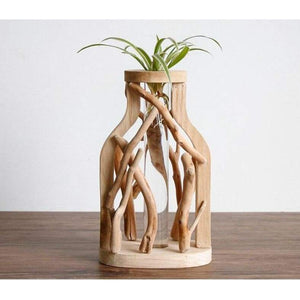 Wooden Vase with Glass Container - H - Home Decor