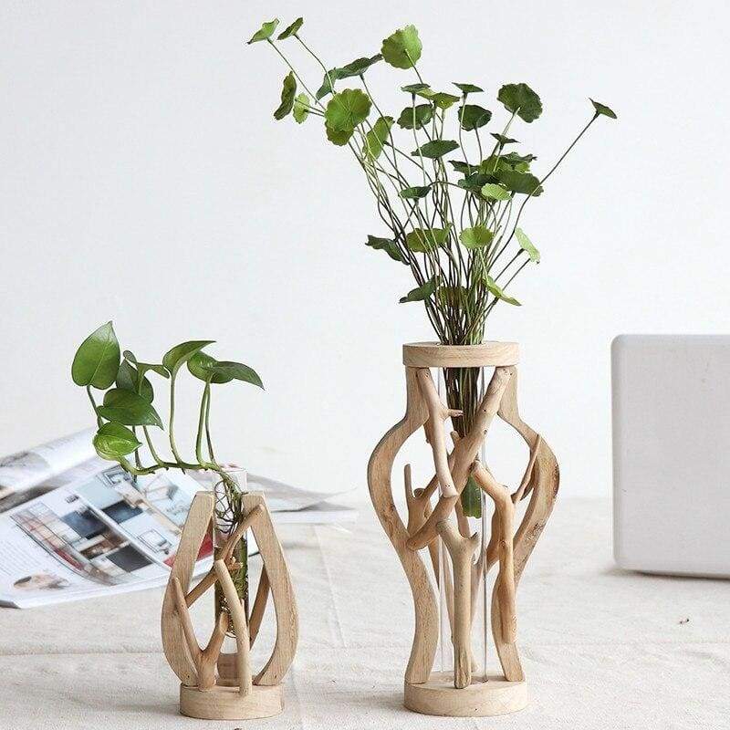 Wooden Vase with Glass Container - Home Decor